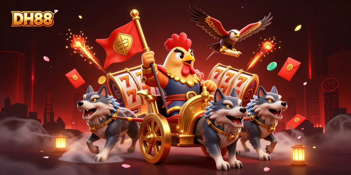 Engage with the vibrant energy of DH88, showcasing a cartoon rooster warlord in a thrilling casino adventure.