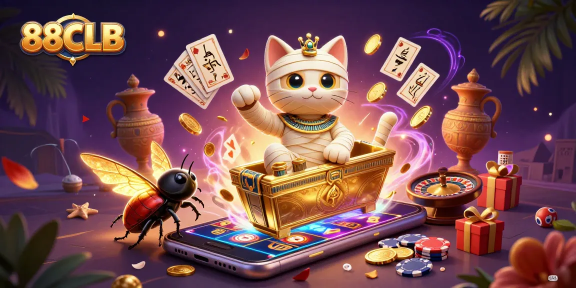 Experience thrilling gameplay at 88CLB with a vibrant casino scene featuring an Egyptian mummy cat.