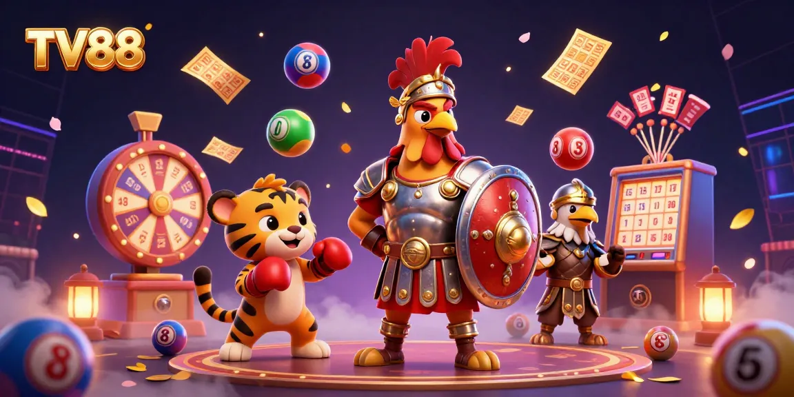 Engage with the vibrant casino scene featuring TV88, showcasing high-energy characters and dynamic game elements.