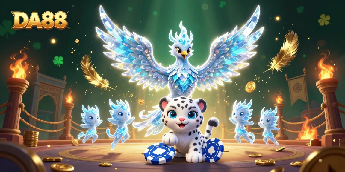 Experience thrilling gameplay at DA88 with an ice phoenix, poker, and vibrant casino elements.