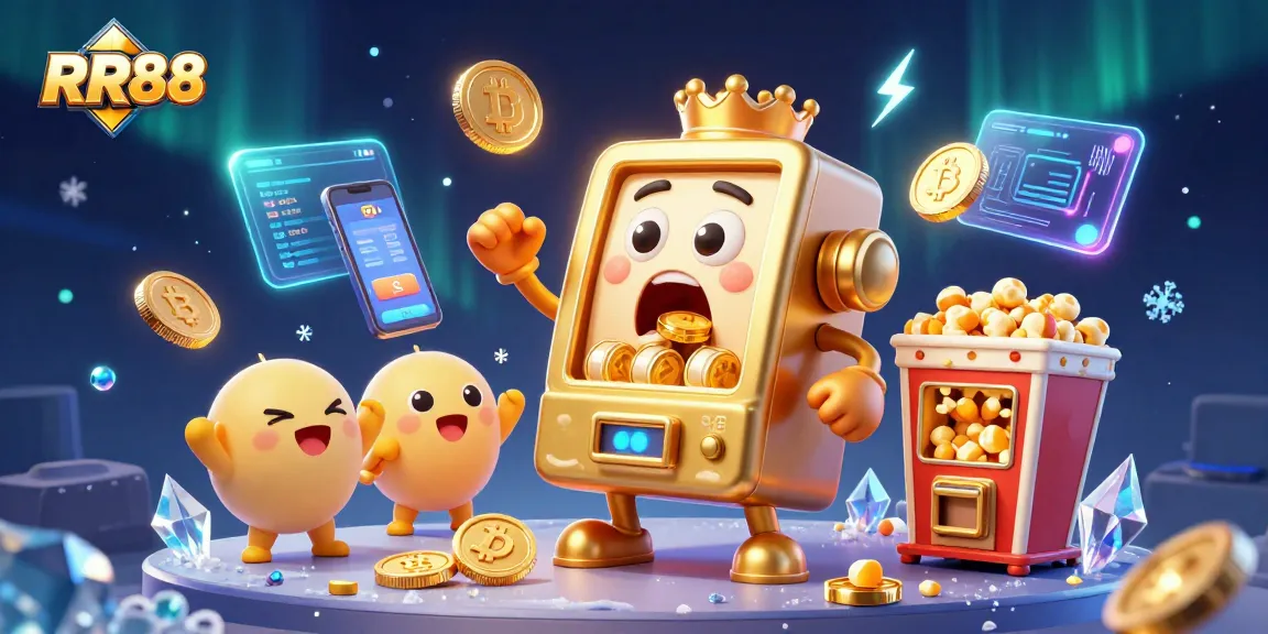 RR88 engages players with a vibrant slot machine jackpot scene filled with coins and crypto elements.