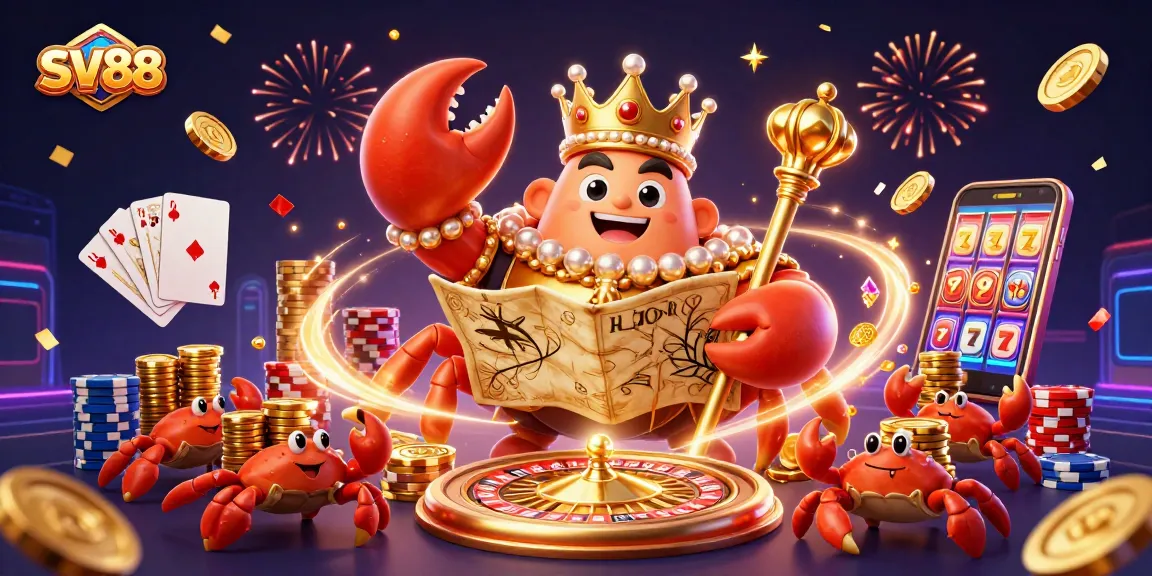 Experience excitement at SV88 with a massive golden crab emperor ruling a vibrant casino scene filled with treasure and games.