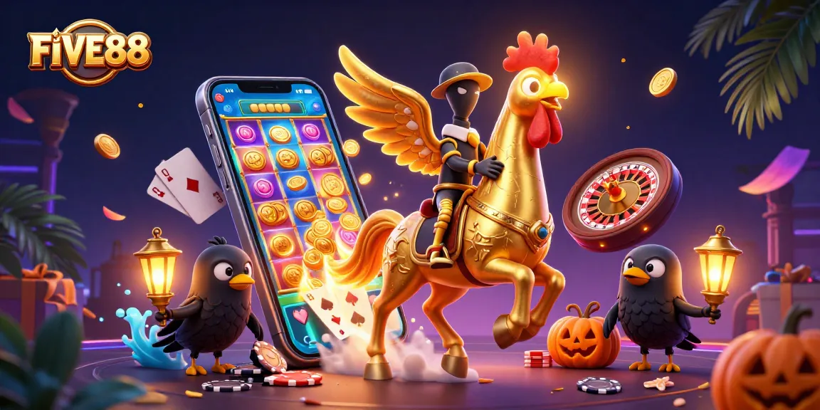Experience the thrill of FIVE88 as the golden rooster navigates a lively casino with captivating gaming visuals.