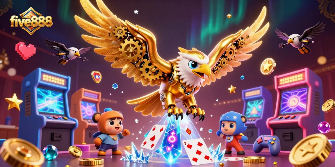 Experience excitement with five888 as a cybernetic eagle dives amidst holographic playing cards.