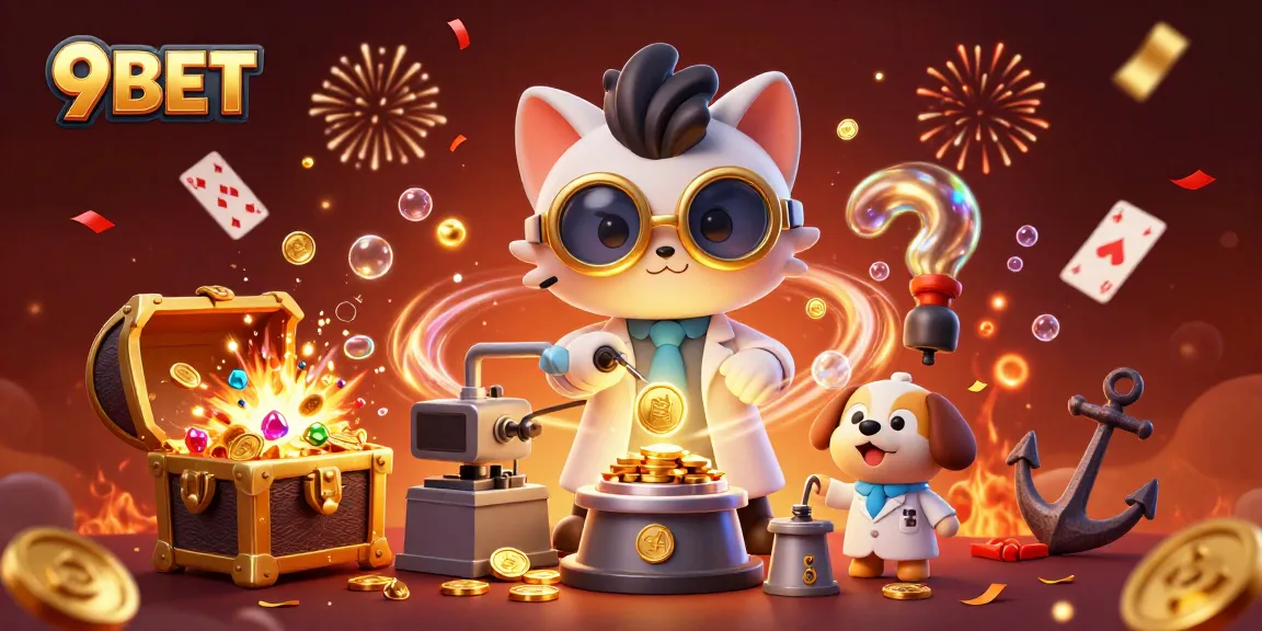 Experience the thrill of winning at 9BET with a vibrant casino-themed illustration featuring a mad scientist and treasures.