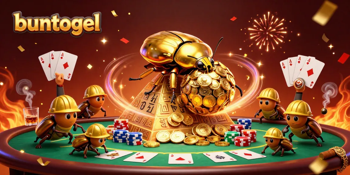Buntogel showcases a golden dung beetle rolling a coin ball, surrounded by poker elements.