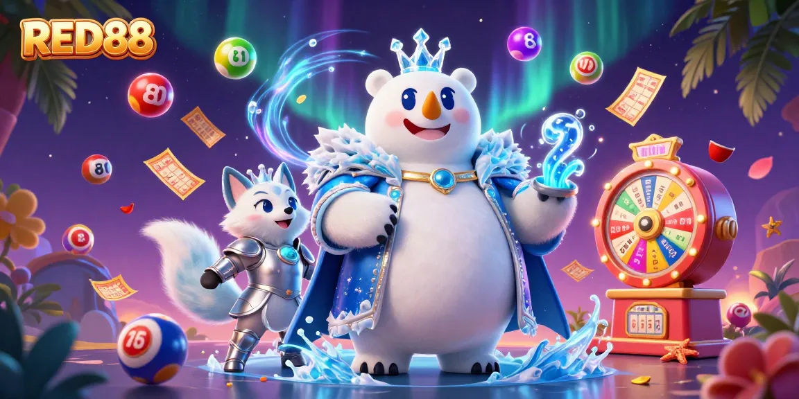 Experience the excitement of RED88 with colorful lottery balls and a vibrant prize wheel in a dynamic casino illustration.