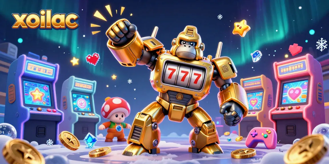 Experience thrilling action at xoilac with a vibrant gaming scene featuring golden gorilla mech and colorful arcade machines.