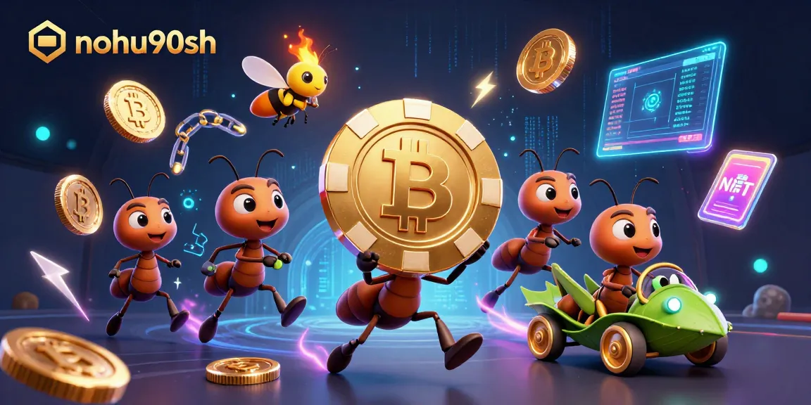 Experience the thrilling heist of nohu90sh with 3D ants carrying a giant poker chip amidst colorful crypto elements.
