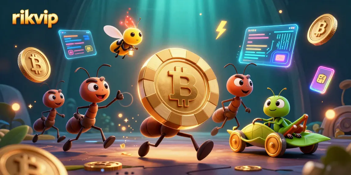Experience the thrill of rikvip with a cartoon heist featuring ants, poker chips, and crypto coins.