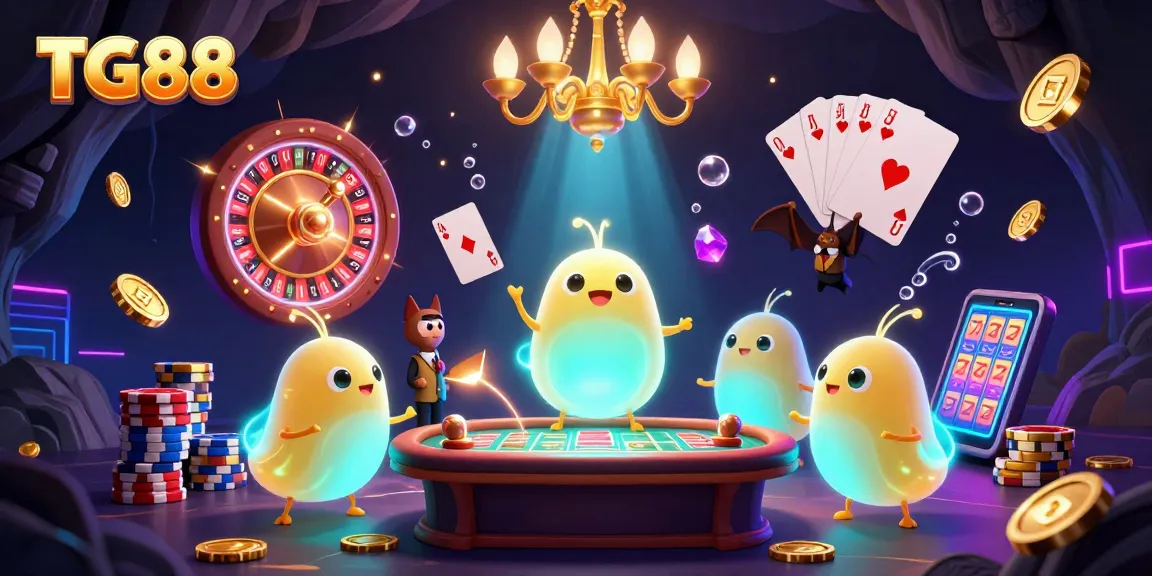 Experience the excitement of TG88 casino with glowing characters and vibrant games in an immersive scene.