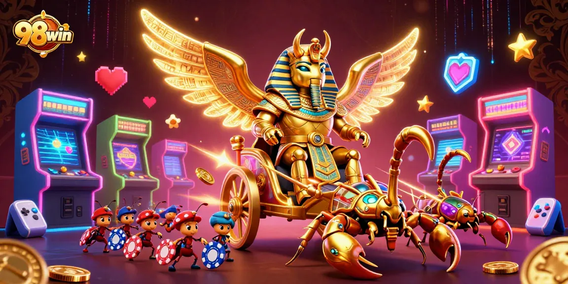 Experience thrilling action at 98win with our golden beetle chariot illustration and vibrant game elements.