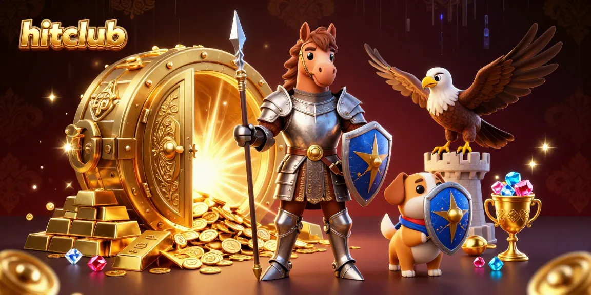 Experience thrilling gameplay at hitclub with a knight, puppy, and falcon amid treasures.