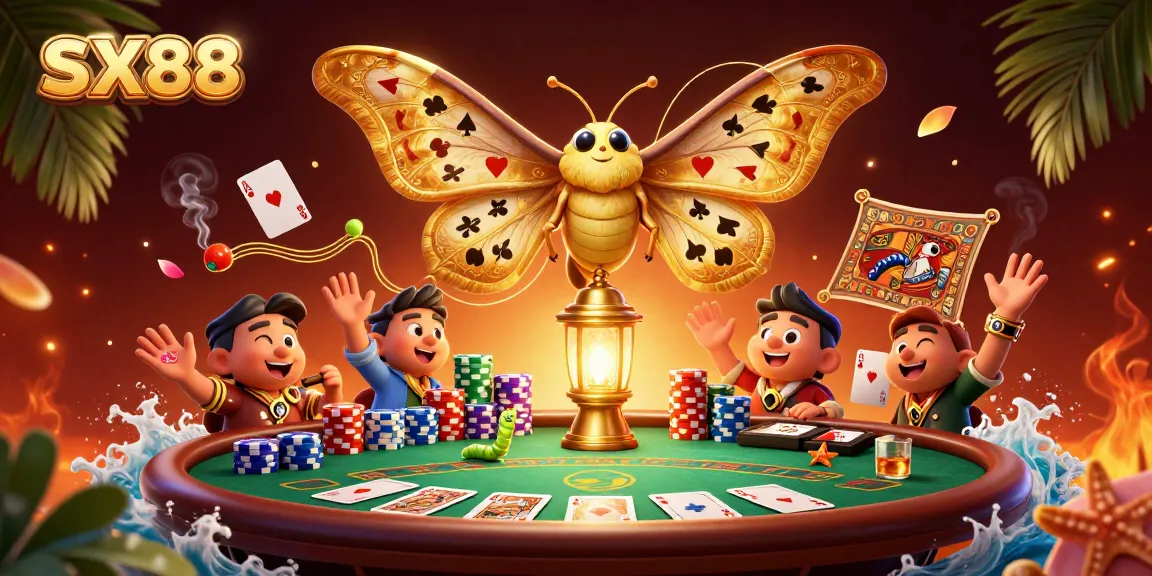 SX88 casino experience featuring vibrant 3D moth, poker elements, and dynamic atmosphere.