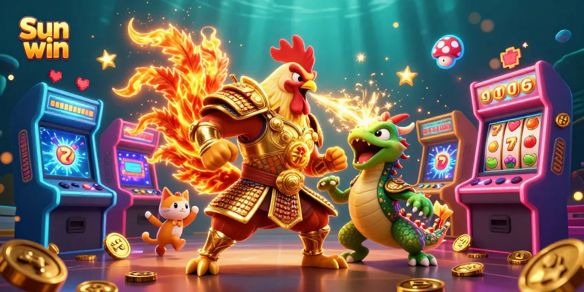 Engage with Sun win by enjoying dynamic slot adventures with a victorious rooster warrior and fortune cat.