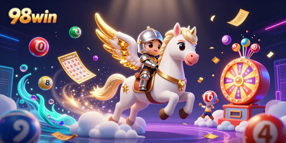 98win unleashes excitement with a dynamic scene of a celestial horse and knight amidst vibrant lottery elements.